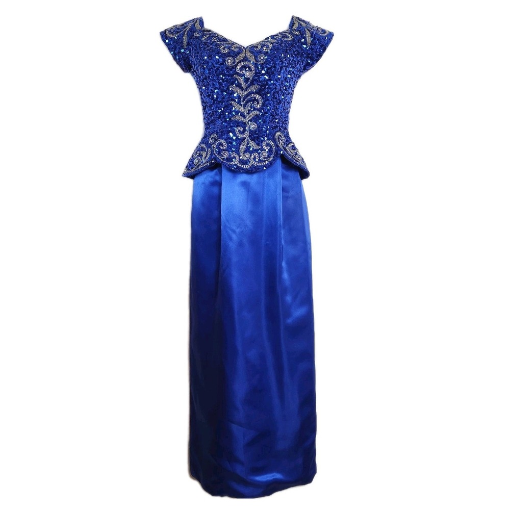 Vintage 1992 Mike Benet Formals Royal Blue Beaded Sequin Peplum Gown Dress Sz 6‎